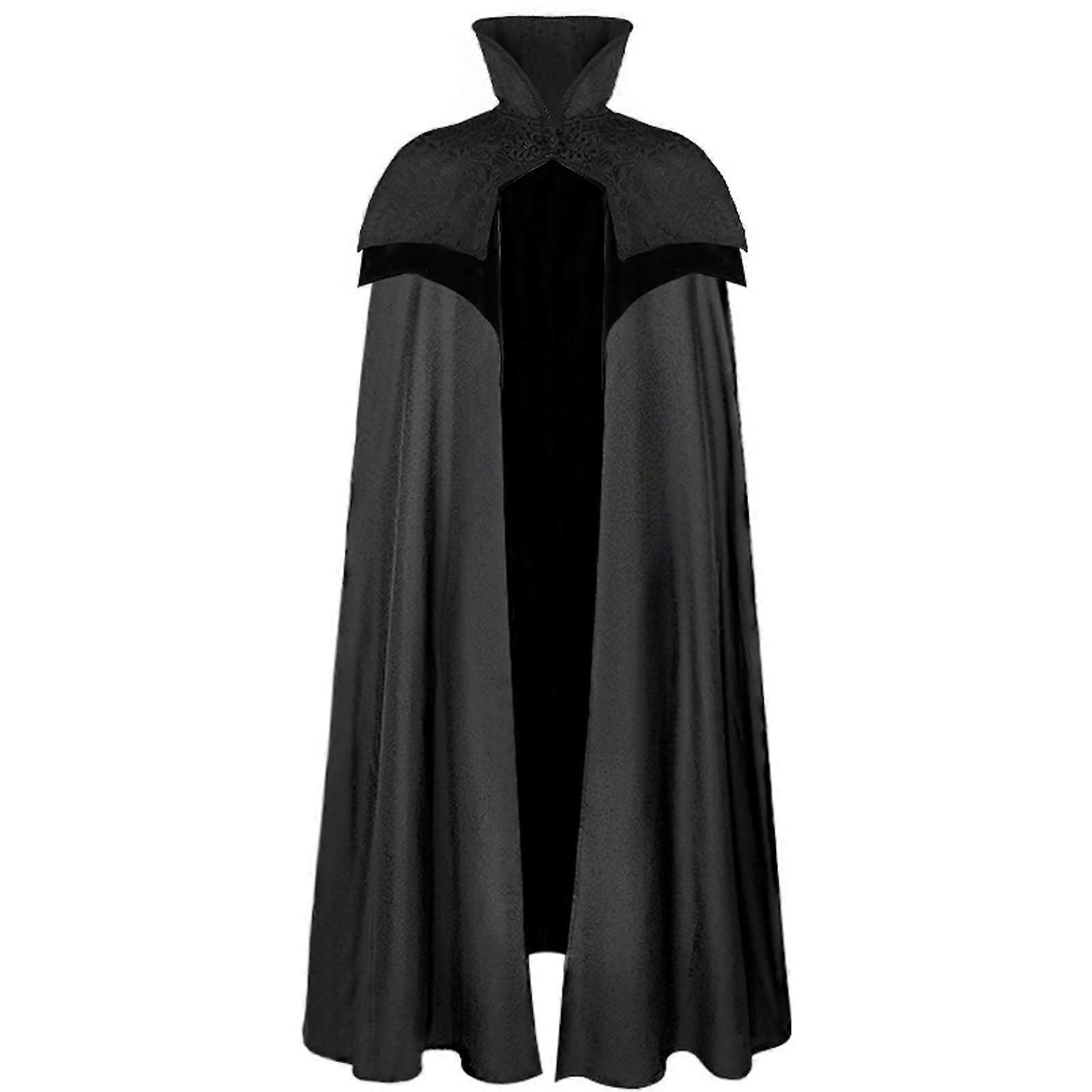 Medieval Cloak for Men Halloween Wizard Cape with Hood Unisex Long Gothic Cape Stand Collar Adult Size Black