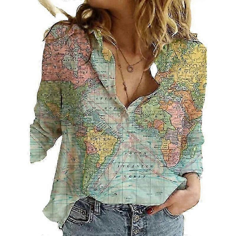 Chemisier uni en coton et lin avec motif carte du monde pour femme, haut ample à manches longues