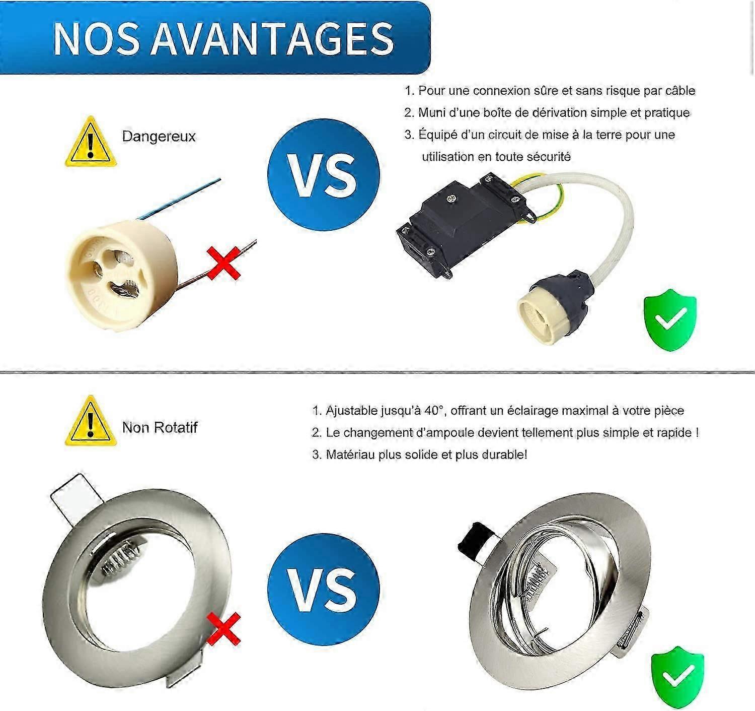 Set of 10 mounting frames for recessed spotlights, recessed spotlights GU10 set, Led pivoting support frame for LED and halogen including GU10 socket,
