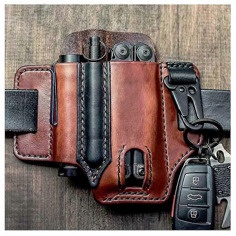 HAOAN Multitool Sheath for Belt, Leather EDC Pocket Organizer for Men, Leatherman Sheath with Pen Holder, Key Fob, Flashlight Sheath