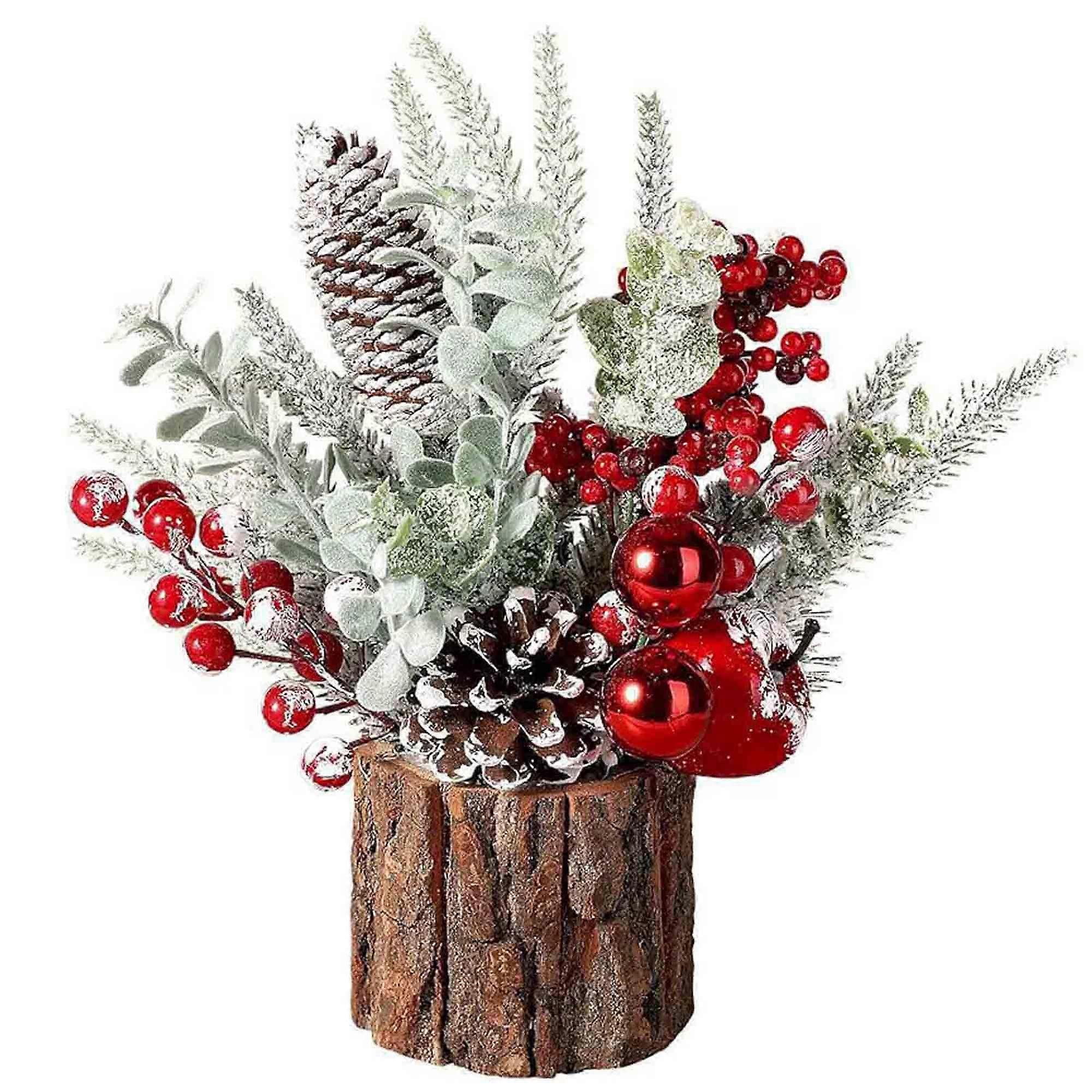 Small Christmas Tree Tabletop Artificial Mini Christmas Tree Decorations with Holiday Ornaments Red Berry Pine Cone Greenery