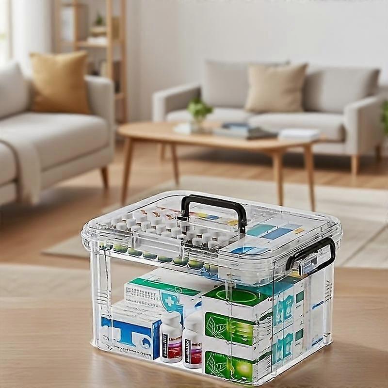 Transparent Double-Layer Waterproof Medicine Storage Box with Multiple Compartments, Clear Plastic Organizer for Home and Bedroom First Aid 