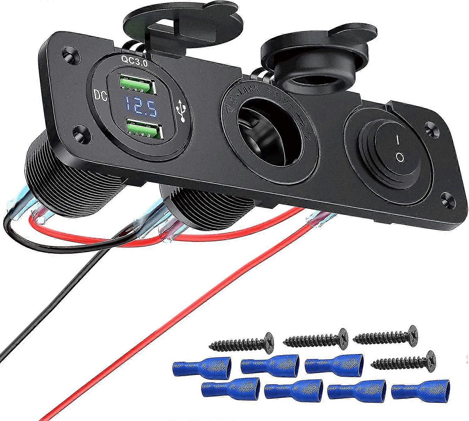 In 1 Charger Socket Panel, With 12v Power Outlet, Qc3.0 Dual Usb Socket Charger, Illuminated Rocker Switch For Boats, Trailers, Cars, Buses