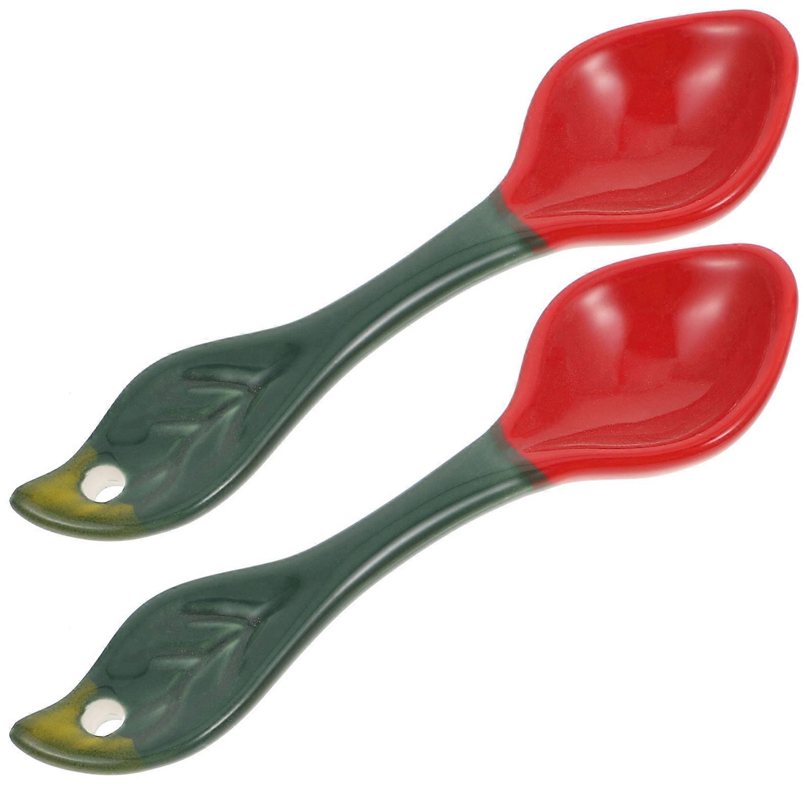 Strawberry Spoon Ceramic Kids Use Spoon 2Pcs Red Dessert Tableware