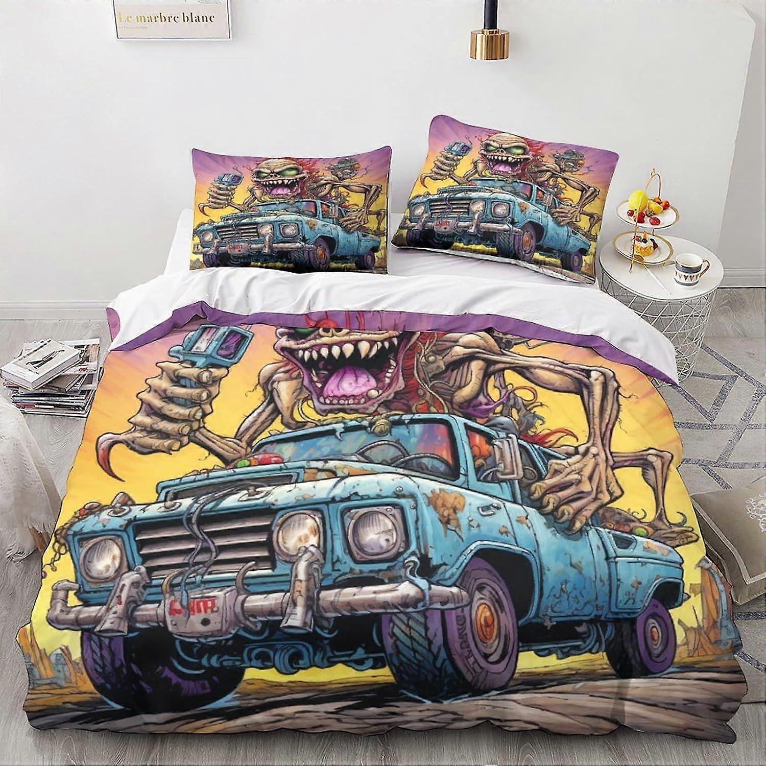 LikeEj monstro edredom capa dos desenhos animados padrão impresso cama capa edredom com fecho com zíper, microfibra macia vintage carro roupa de cama conjunto