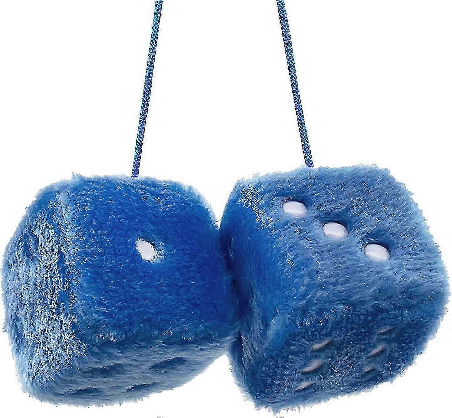Pair of Retro Square Mirror Hanging Couple Fuzzy Plush Dice with Dots for Car Interior Ornament Decoration (Blue)
