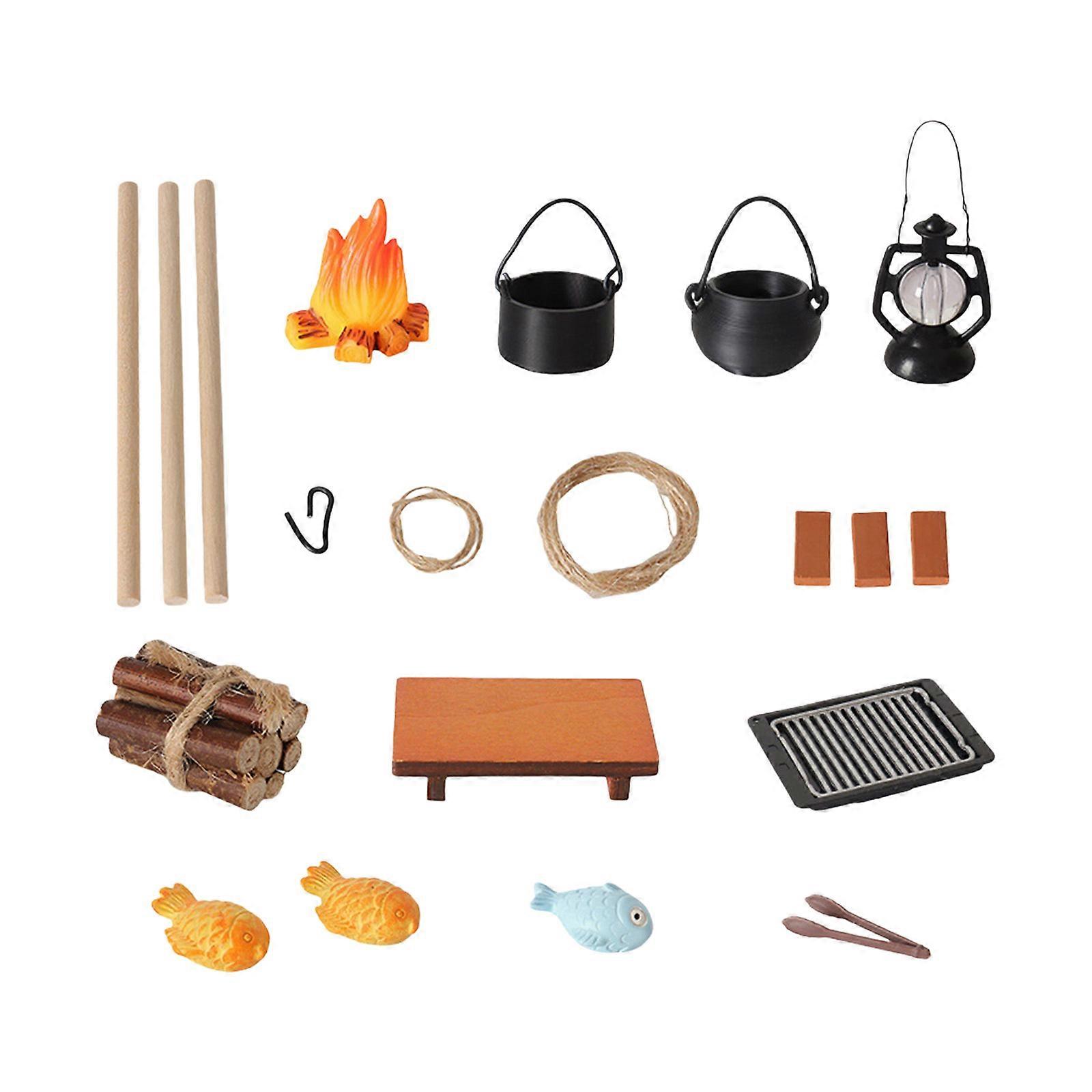 20Pieces Miniature Camping Scene Props Set With Layered Flame Effect And Cooking Tool For Doll House Outdoor Picnic Setup  Red