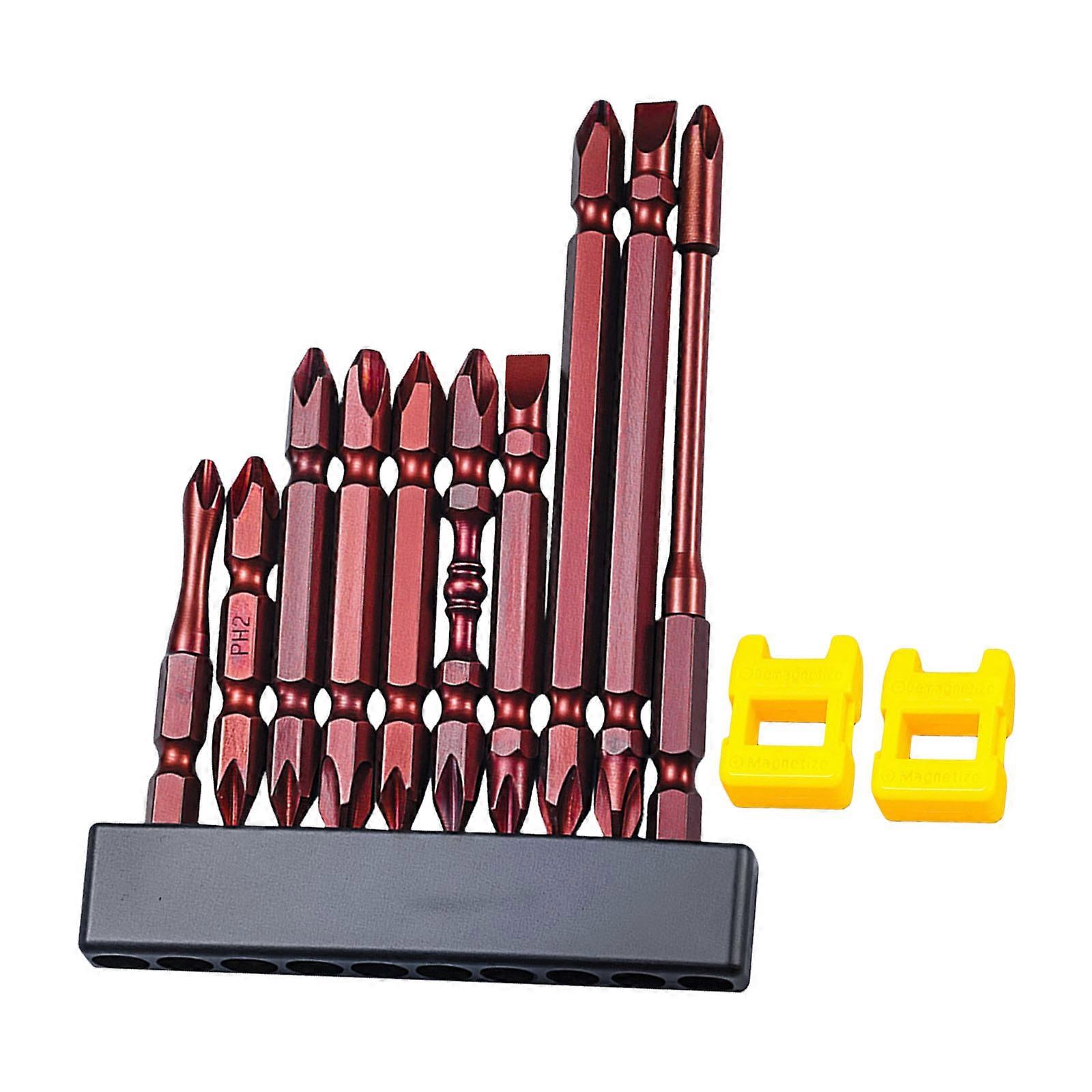 Solid 10 Piece Magnetic Screwdriver Bit Set Includes 2 Demagnetizers Alloy Steel for Multiple Surfaces Use Multicolor