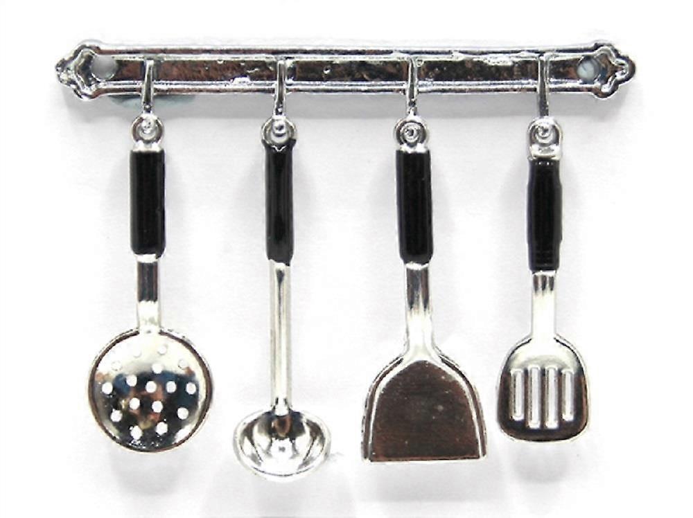 بيت الدمى مجموعة أدوات معلقة فضية & رف مصغر 1:12 ملحق المطبخ