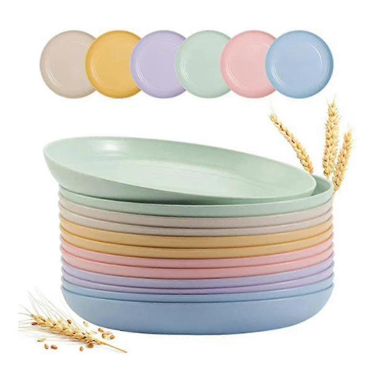 12 Pack 9 Inch Wheat Straw & Plastic Plates, Reusable Dinnerware for Party