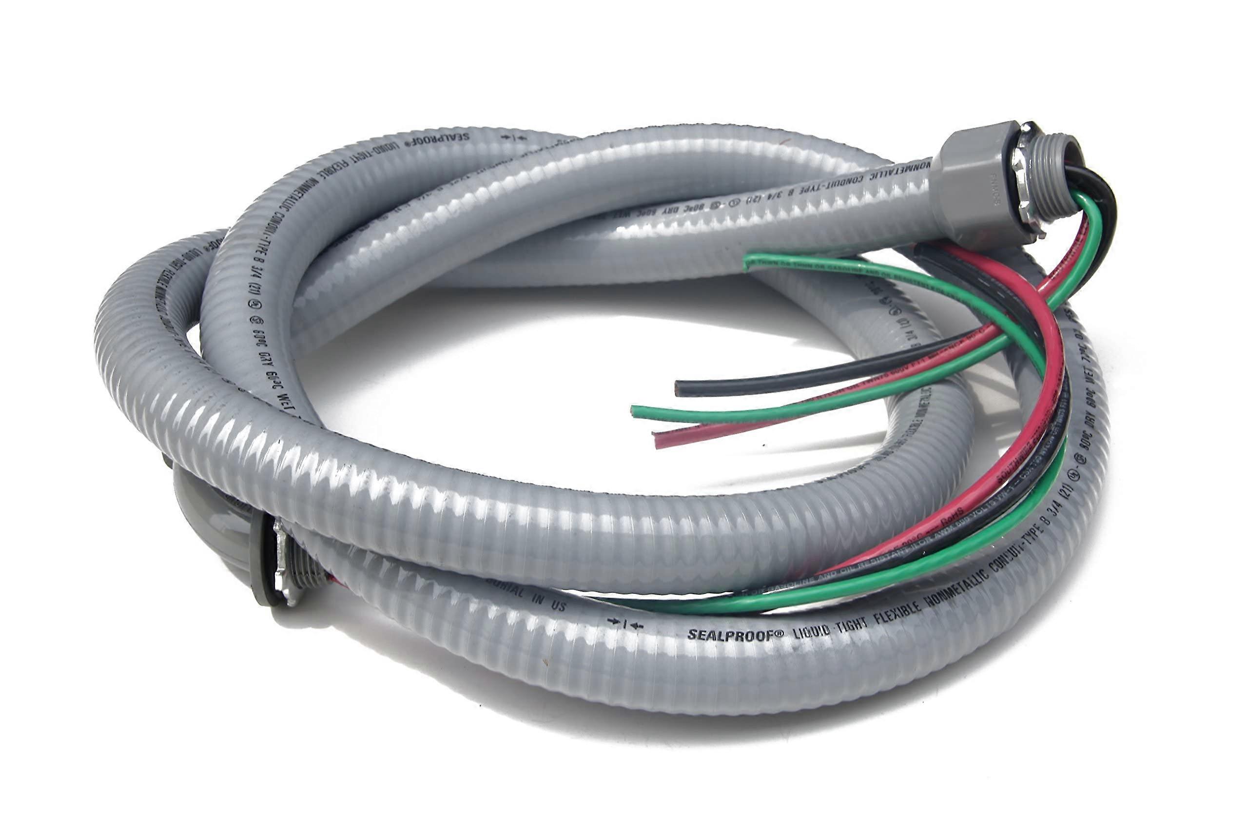 Power Whip Assembly 3/4' x 6 Ft Nonmetallic Liquid Tight Conduit with 8/3 Wire for Single Phase A/C Hookup