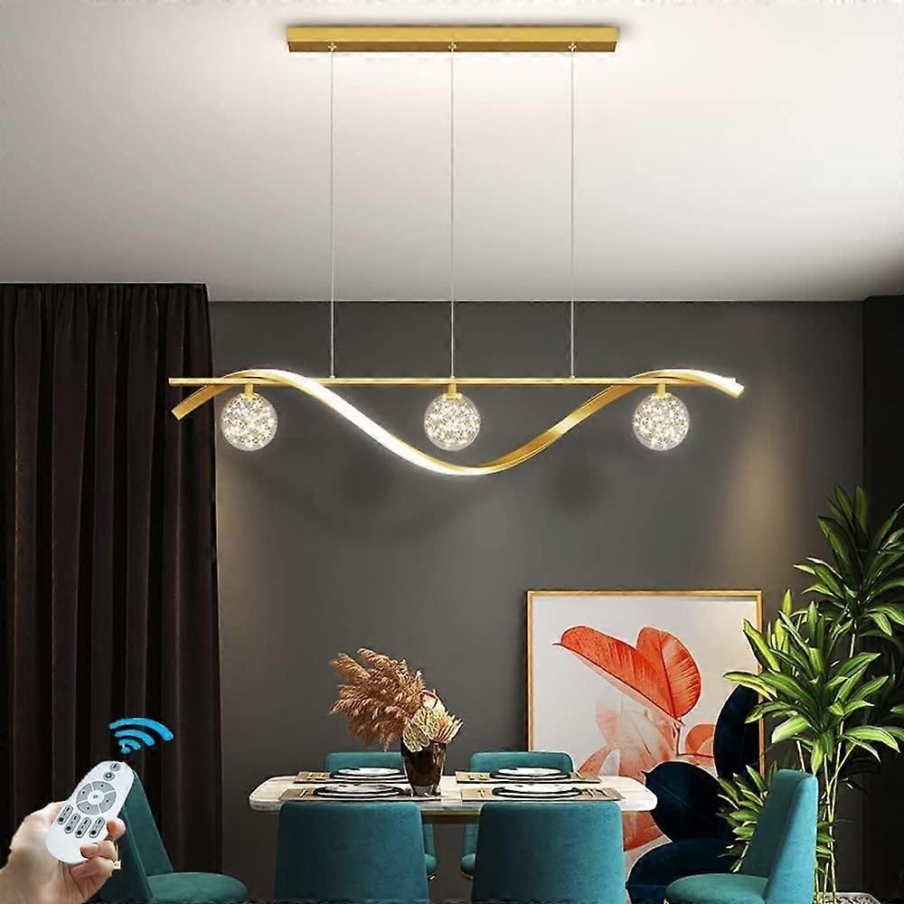 Modern Dimmable LED Pendant Light with Remote, 100CM Gold Linear Hanging Lamp for Kitchen Island and Dining Room