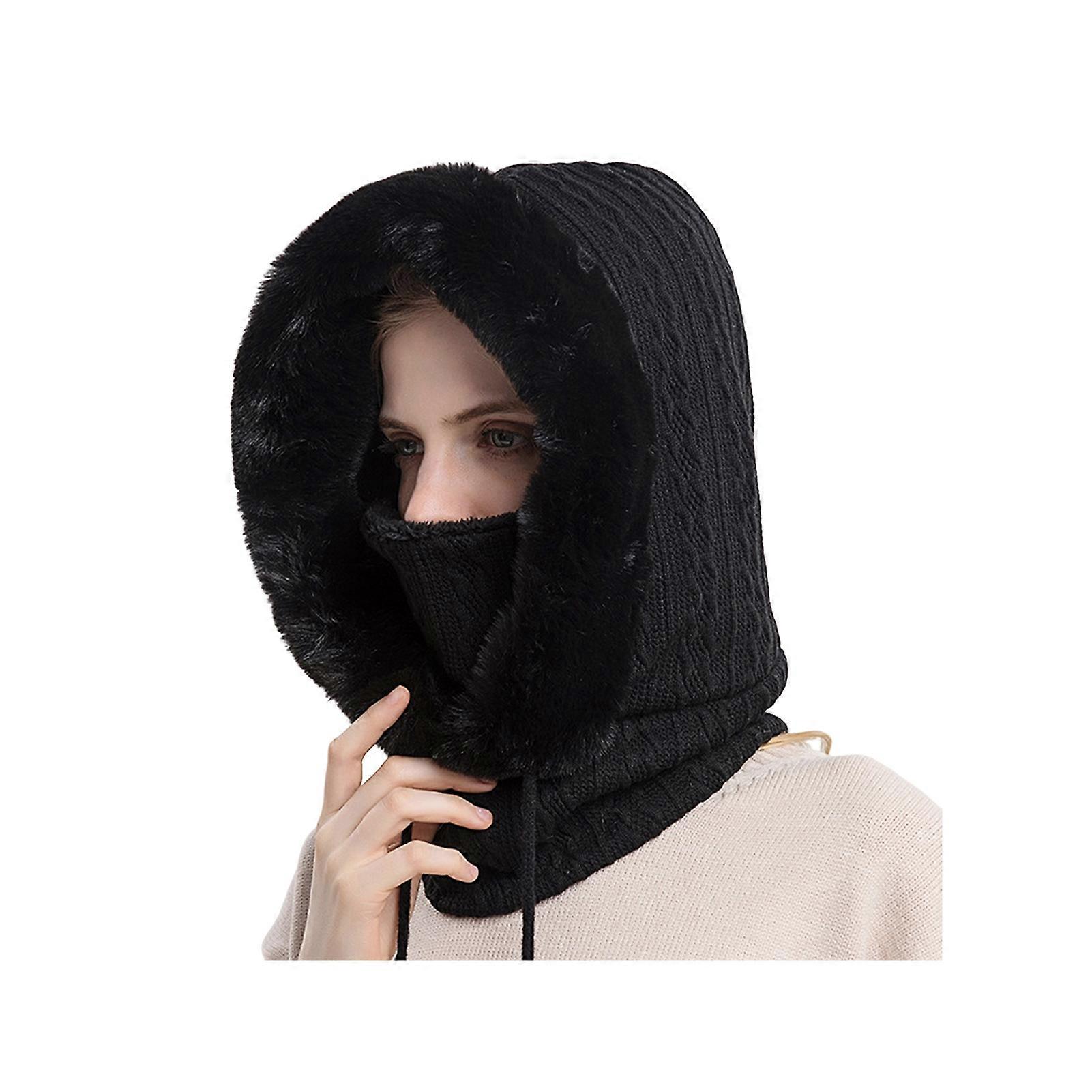 Fleece Lined Knitted Hat Solid Color Plush Trim Adjustable Drawstring 3-in-1 Hat