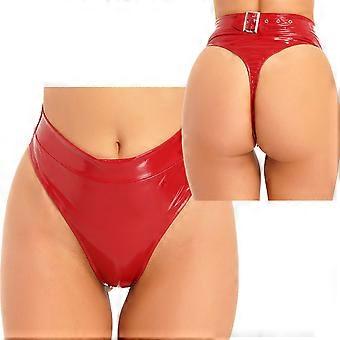 Latex leren damesondergoed met hoge taille en gesp, string/slipje.
