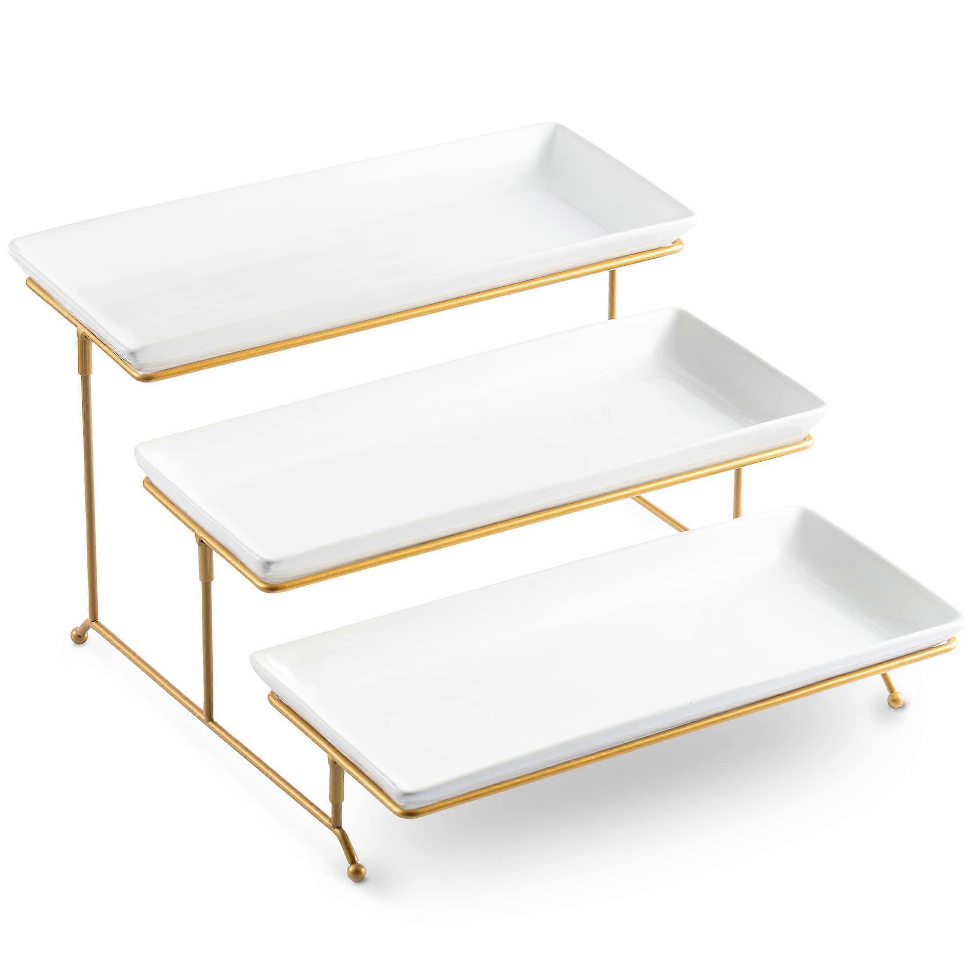 Three Tier Porcelain Serving Platter Set with Collapsible Metal Stand, Large 14Inch Rectangular Trays