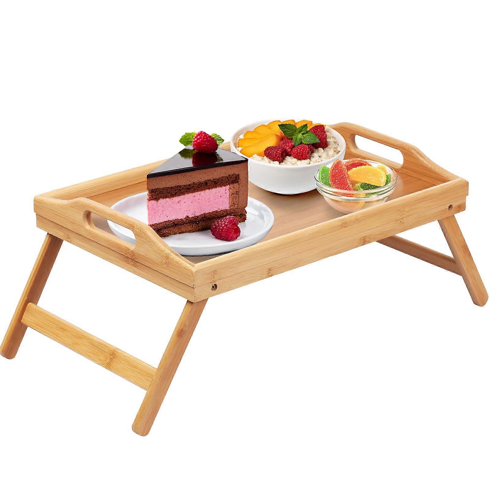 Bamboo Breakfast Tray with Folding Legs and Handles, Multipurpose Bed Tray Table for Eating and Reading