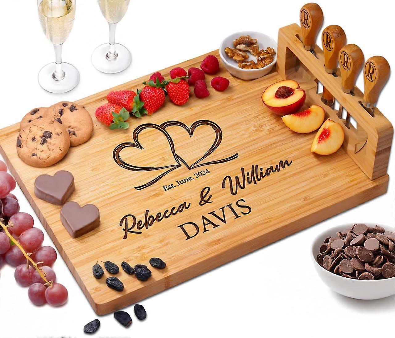 Charcuterie Board with Knives, Custom Bamboo Cheese Board Gift for Couples Wedding