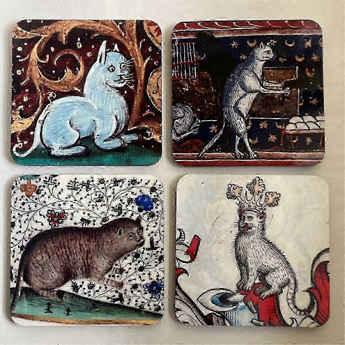 4PCS Medieval Cat Coasters for Drink Set Cat Pattern Round Coasters, Drinking Coasters Cat Coaster