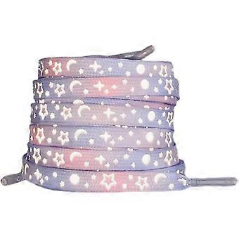 1 par de cadarços planos para tênis, cadarços refletivos com estrelas e lua para calçados esportivos, cadarços para tênis de corrida, roxo e rosa refletivos.