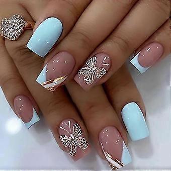 Coffin Press on Nails with Butterfly Design, 24Pcs Medium Square French Fake Nails for Women
