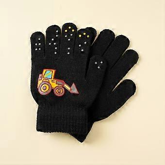 1 Pair Kids Winter Warm Outdoor Sports Gloves with Cartoon Construction Vehicle Pattern, Thickened Fleece-Lined Knit Glo [XR]