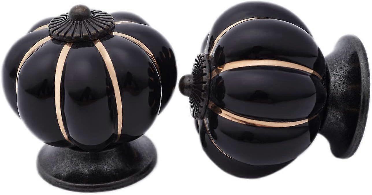 6pcs Ceramic Drawer Knobs, Pumpkin-Shaped Ceramic Furniture Knobs, Cabinet Handles for Kitchen Cabinets (Black)