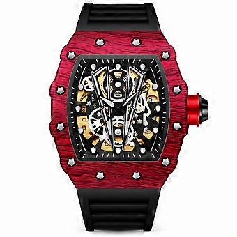 Men's automatic skeleton mechanical watch black silicone strap red case black dial JY