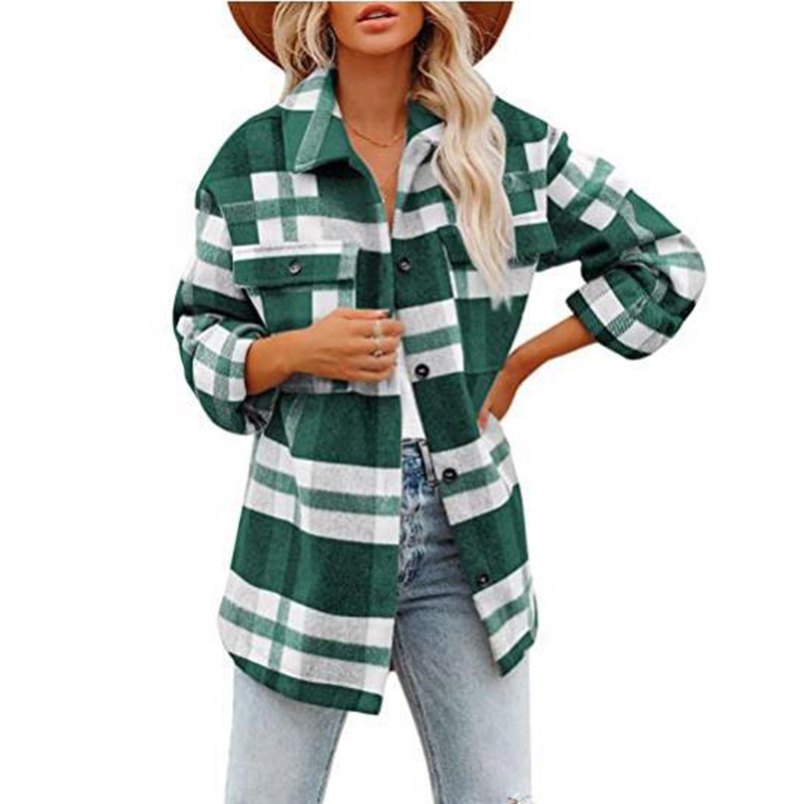 Femei Flannel Loose Coat Femei Turndown-guler Coat Grid Model Coat pentru femei cu un singur sân Casual Coat Femei