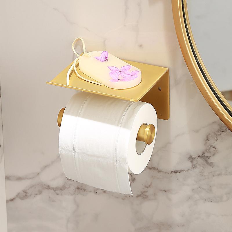 Toilet Paper Holder, Wall Mounted Toilet Paper Holder with Storage Shelf, 3M Self Adhesive, Aluminum (Gold)