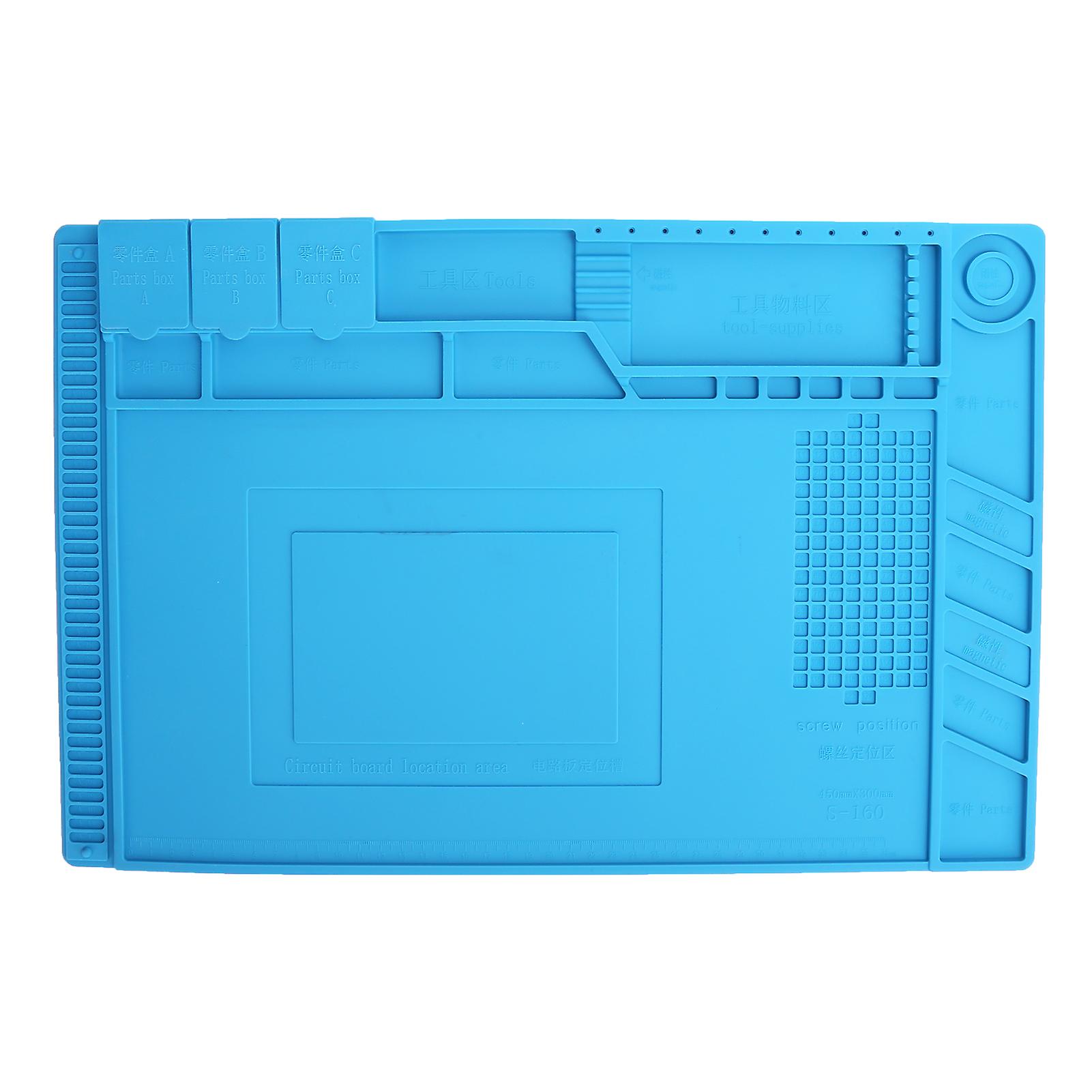 Heat-Resistant Repair Mat For Electronics Assembly, Silicone Soldering Mat With Non-Slip Silicone Surface And Magnetic Parts Storage, Light Blue