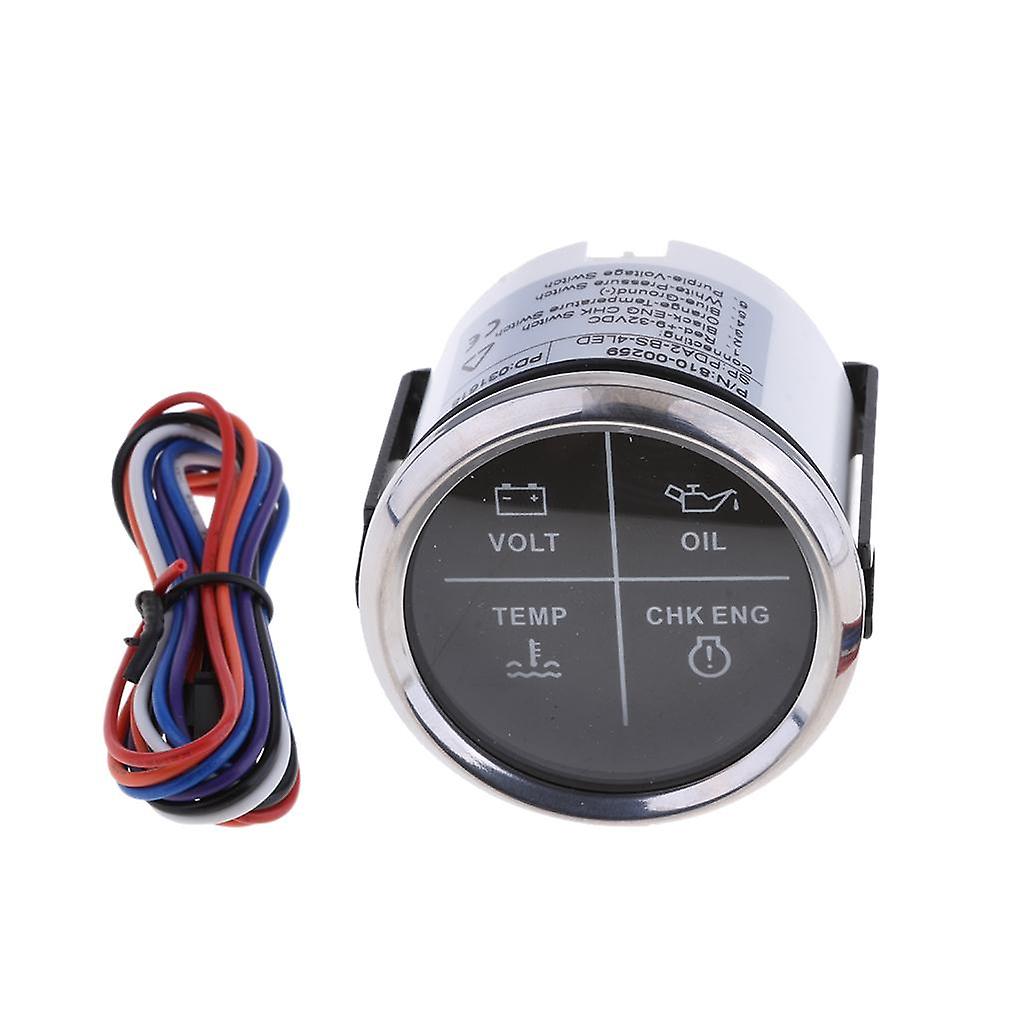 52mm 2" 4 LED Alarm Gauge VOLT OIL TEMP CHK ENG Indicator White Chrome