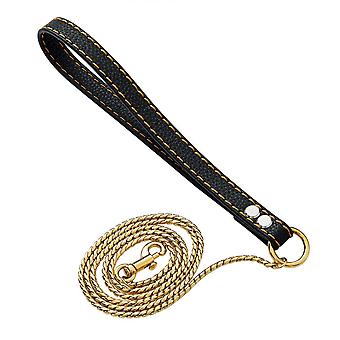 Veeki Strong Gold Dog Leash 3.2ft Stainless Steel Width 4mm Curb Cuban Chain Dog Leash Training Walking with Comfortable Leather Handle for Small Dogs