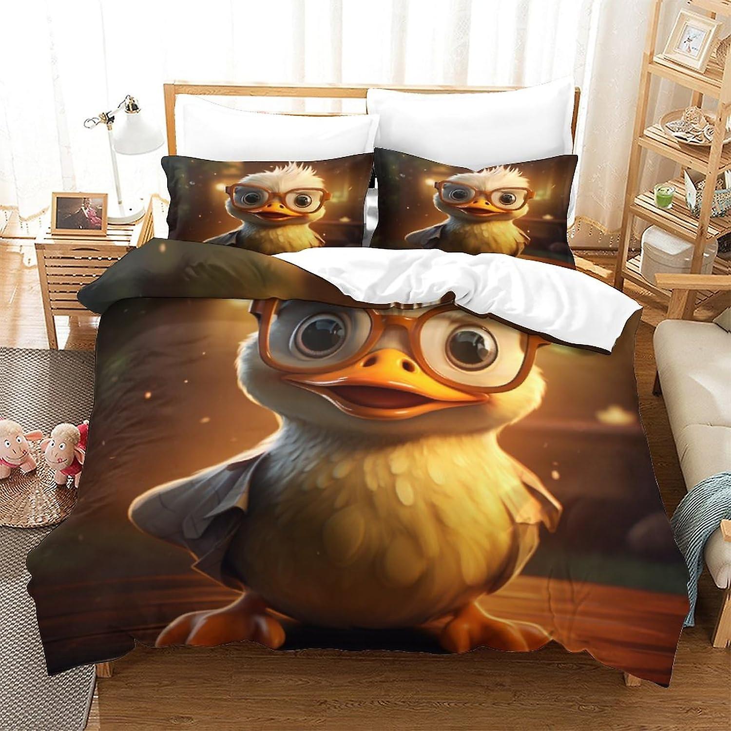 HOUKIG Petit canard jaune 3 pièces en microfibre imprimée housse de couette et taie d’oreiller ensemble mignon de housse de couette imprimée, cadeau pour les adolescentes.