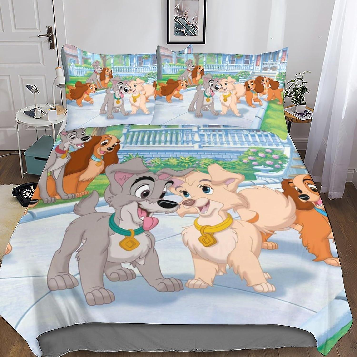 Lady And The Tramp 3D Digital Print Bedding Sets with Pillowcase Duvet Cover Ss Soft Microfiber 3 Piece Set Anime Quilt Cover with Zipper Closure