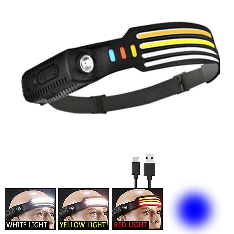 Cob Led Head Lamp With Built-in Battery Flashlight Usb C Rechargeable Head Torch 5 Lighting Modes Wave Induction Head Light