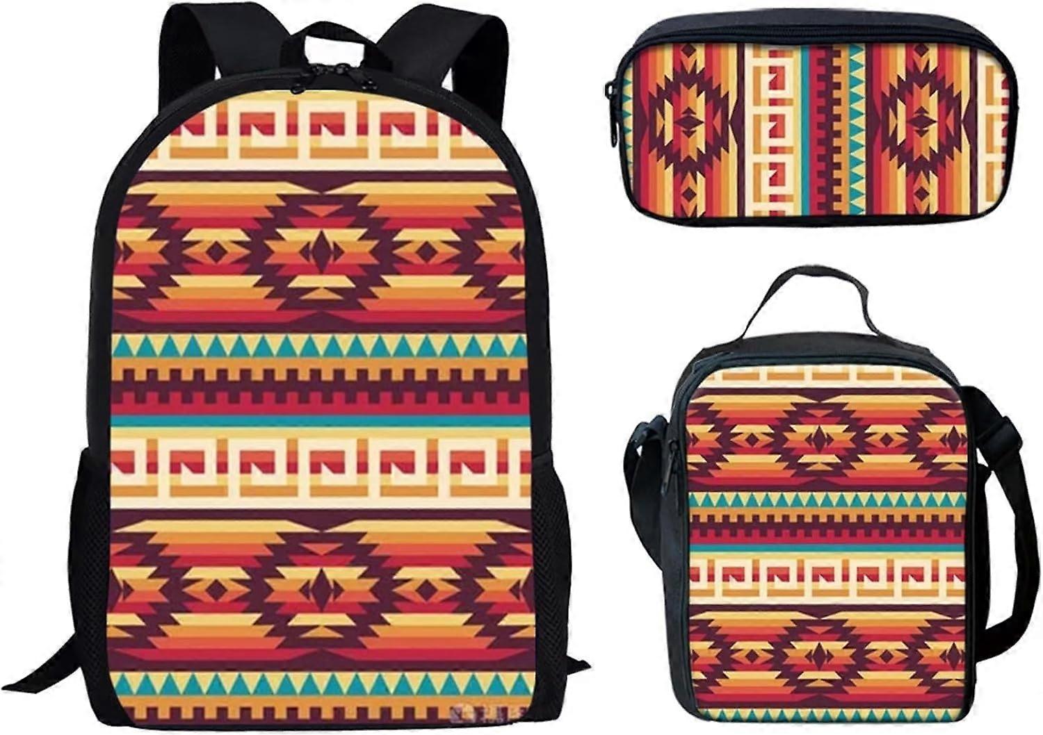 エスニックアフリカンアステカストライププリントスクールバックパックティーンボーイズガールズランチバッグペンシルボックス軽量