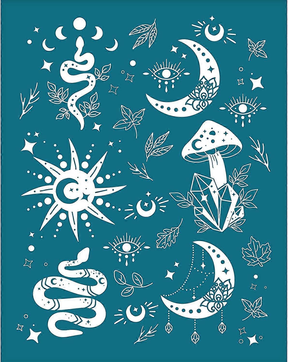 Clay Stencils Snake Moon Sun Mushroom Non-Adhesive Silk Screen Printing Stencil Reusable Mesh Stencils Transfer Washable Stencil for Polymer Clay Jewe
