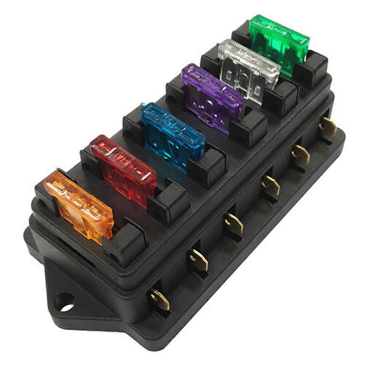 Multi-way fuse Base/box with straight row, 6-way fuse holder with transparent dust cover + medium fuse (5A, 10A, 15A, 20A, 25A, 30A)