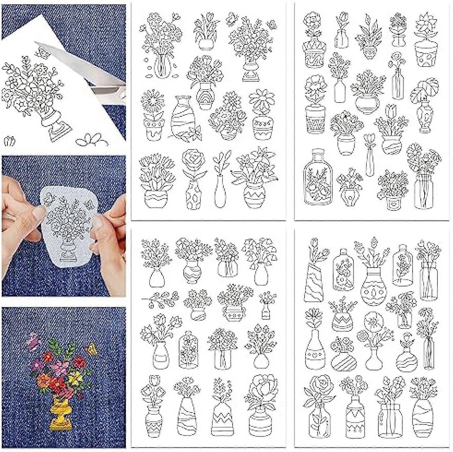 4 Sheets Flower Vase Pattern Water Soluble Embroidery Hand Sewing Stabilizers for Fabric Stitch Practice Embroidery Stickers Wash Away Stabilizers for