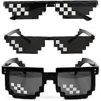 Thug Life Set di 3 occhiali da sole in vetro per uomo e donna con 8 pixel, oggetti di scena fotografici a mosaico unisex - nero, nero, quadrato, 2024 Ping