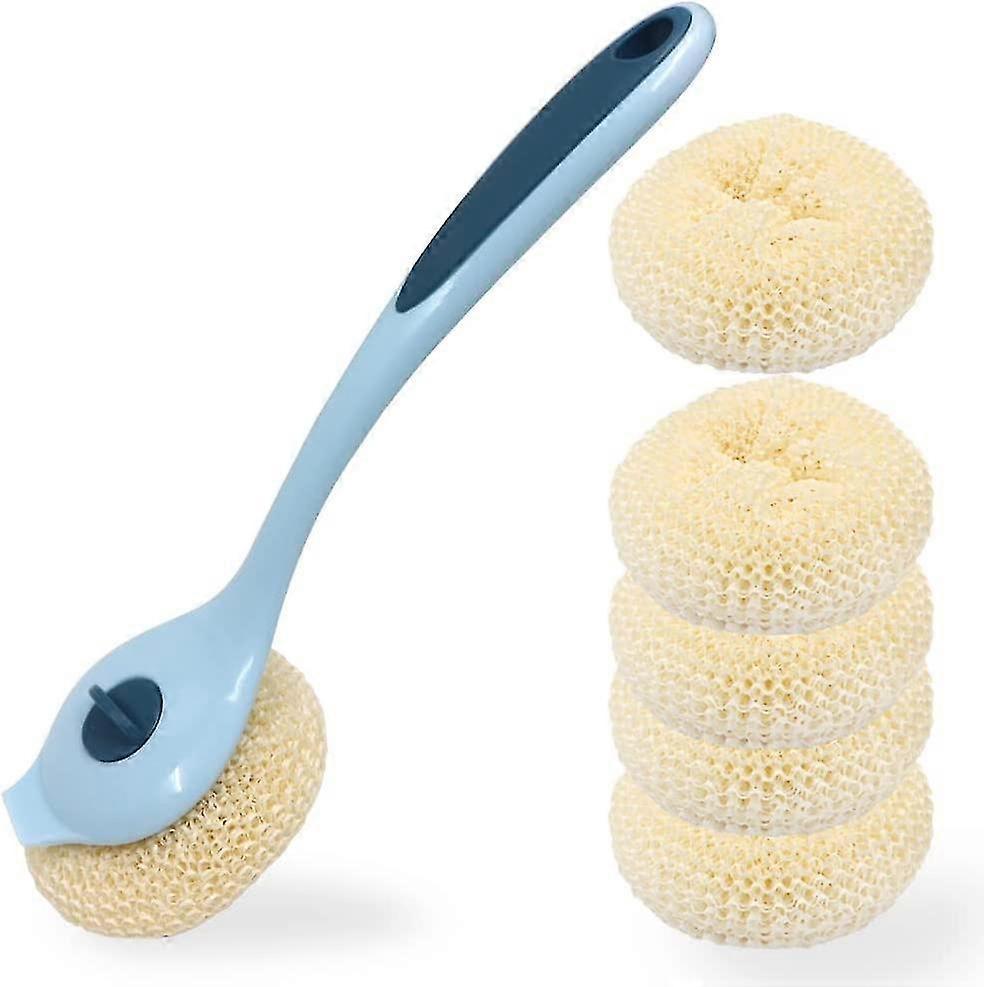 long handle dish scrubber with 5 replacement heads (blue)