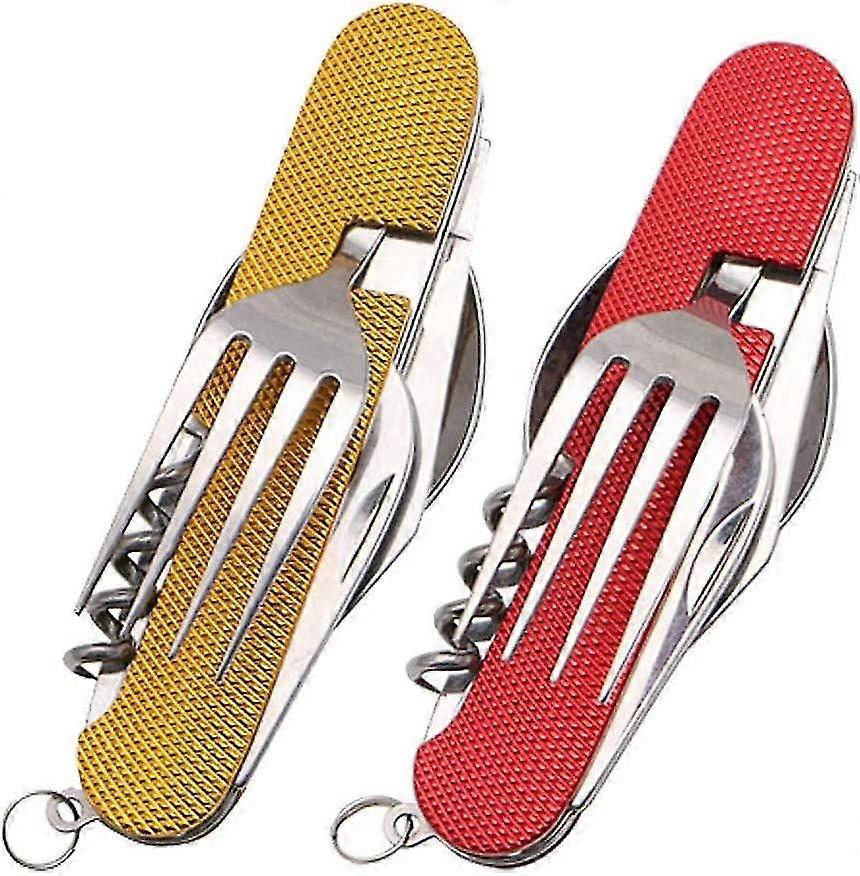 Folding Camping Cutlery Set Stainless Steel Portable Utensil 6 in 1 Multitool Kit 2pc, Yellow+Red