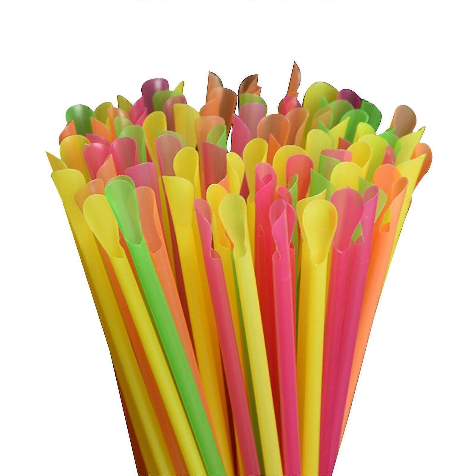 100pcs/キットプラスチックネオンスプーン飲用ストロースムージーミルクセーキパーティーストロー