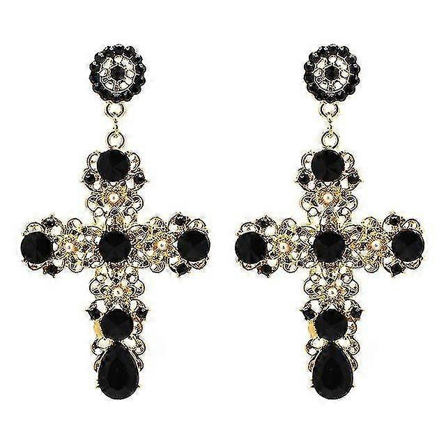 Orecchini A Goccia Con Croce Boho Vintage – Cristallo Rubino E Onice Gotici, Argento