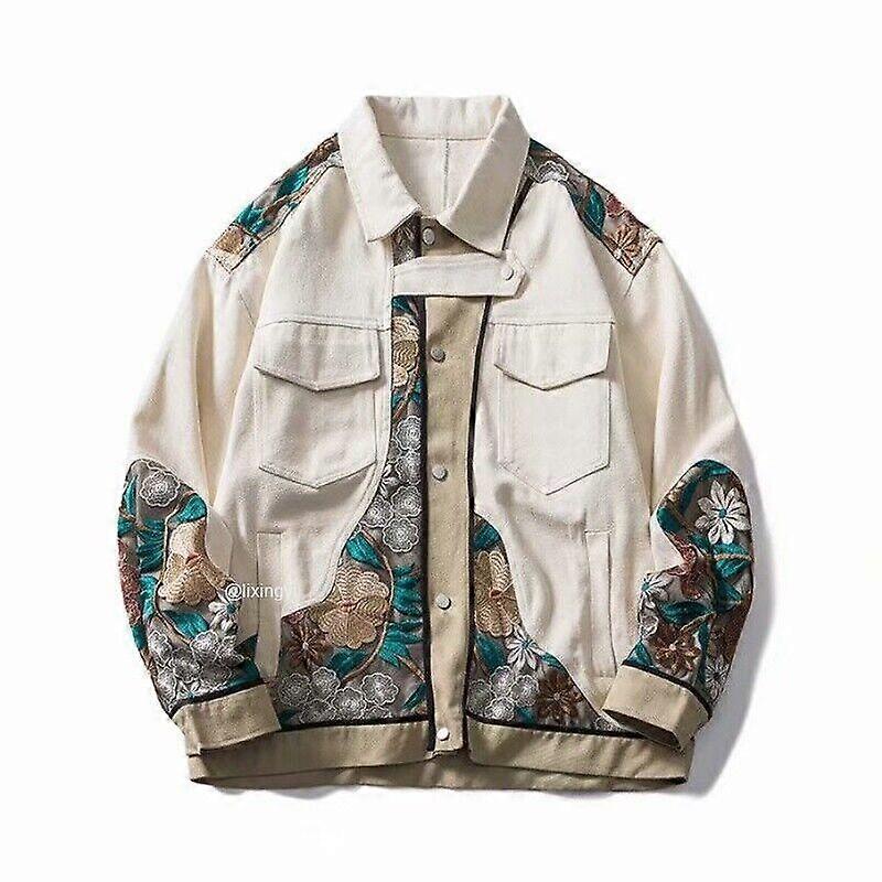 Men's Casual Cargo Jacket Floral Lace Patchwork Coat Top Loose