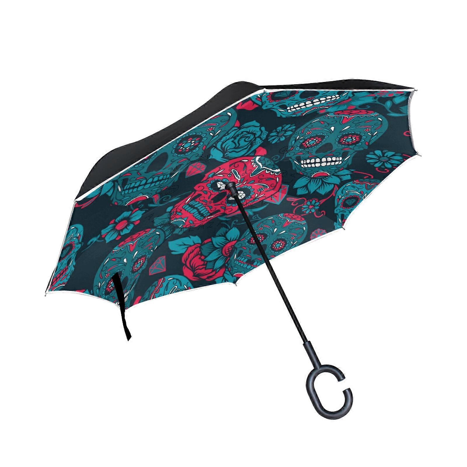 Windproof Reverse Umbrella Rose Skull Printing Double Layer Long Handle Inverted Car Umbrella Rain Women Parasol High Quality