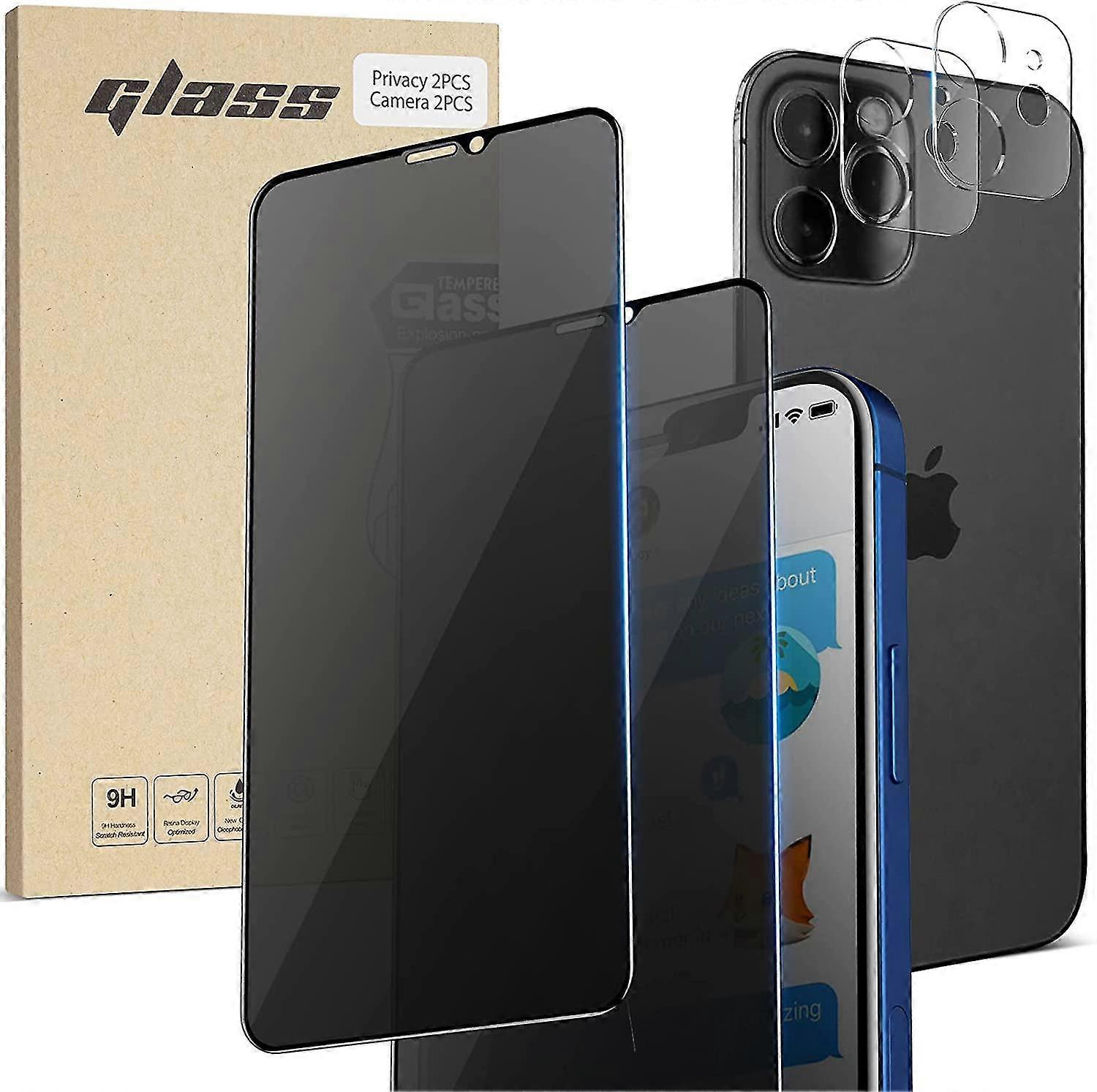 [2+2 Pack] Privacy Glass Screen Protector For Iphone 12,  Camera Lens Protector
