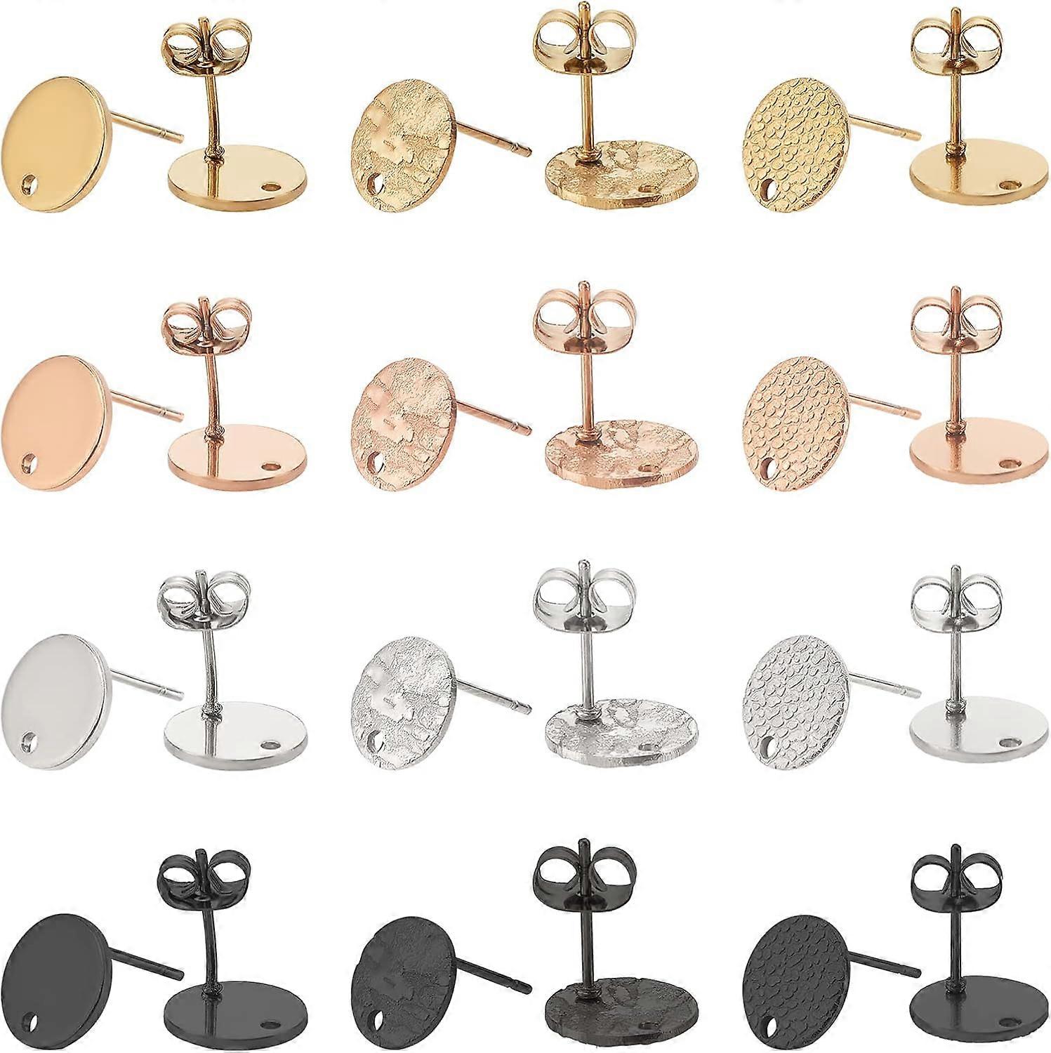 48pcs Flat Round Stud Earring 4 Colors Stainless Steel Circle Stud Earring Post with Ear Nuts Hypoallergenic Earring with Hole for DIY Jewelry Making