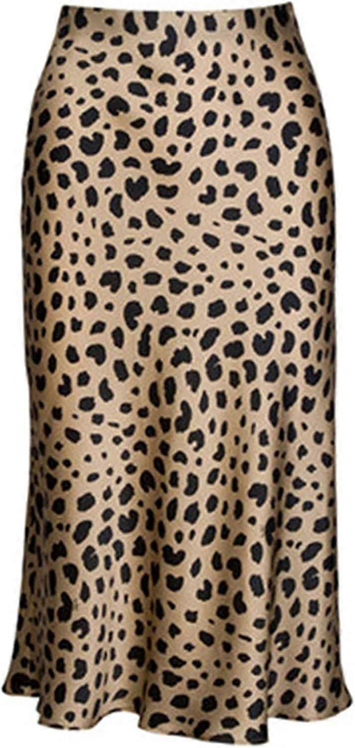 Womens Leopard Print Skirt Midi Long Length Silk Satin High Waist Elastic Skirts S-2xl