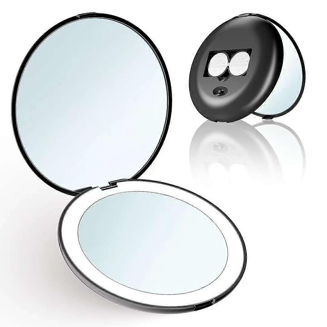 LED Lighted Pocket Mirror, Large Natural Lighted Handheld Makeup Mirror, 5" in Diameter, Compact and Portable for Travel (Black)